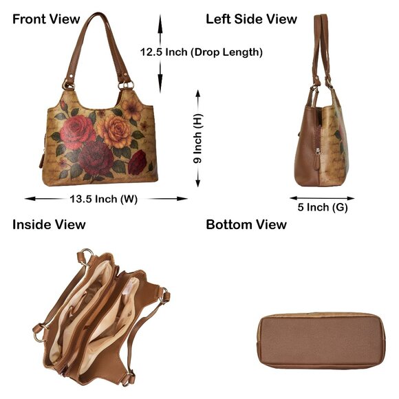 Genuine Leather Printed Shoulder Tote Bag for Women–Top Handle Handbag Daily Use - Picture 3 of 9